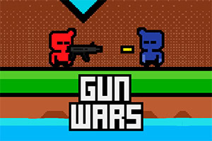 Två pixlade figurer, en röd med ett vapen och en blå, står på en grön plattform ovanför texten Gun Wars
