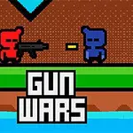 Två pixlade figurer, en röd med ett vapen och en blå, står på en grön plattform ovanför texten Gun Wars