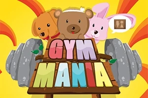 Tre tecknade djur, en hund, en björn och en kanin, står bakom en skylt med texten GYM MANIA, omgiven av en stor skivstång och färgglada strålar i bakgrunden