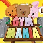 Tre tecknade djur, en hund, en björn och en kanin, står bakom en skylt med texten GYM MANIA, omgiven av en stor skivstång och färgglada strålar i bakgrunden
