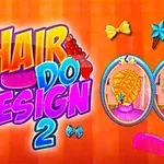 Färgglad illustration med titeln Hair Do Design 2 och två bilder av fantasifulla håruppsättningar samt dekorativa hårtillbehör