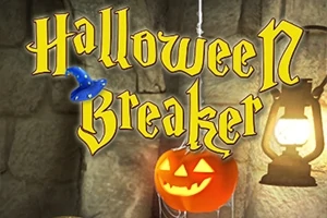 Texten Halloween Breaker i gul stiliserad skrift ovanför en jack-o-lantern och en tänd lykta i en stenkällare