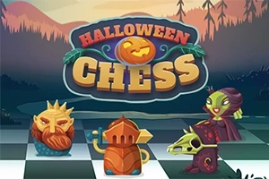 Tecknade schackpjäser med halloween-tema inklusive en pumpa, kung, riddare och häxa mot en skogsbakgrund med texten Halloween Chess