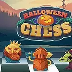 Tecknade schackpjäser med halloween-tema inklusive en pumpa, kung, riddare och häxa mot en skogsbakgrund med texten Halloween Chess
