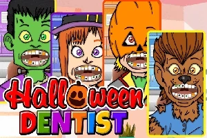 Fyra tecknade figurer med tandställningar och halloween-tema, inklusive en vampyr, häxa, pumpa och varulv, med texten Halloween Dentist i färgglada bokstäver