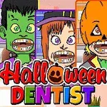Fyra tecknade figurer med tandställningar och halloween-tema, inklusive en vampyr, häxa, pumpa och varulv, med texten Halloween Dentist i färgglada bokstäver