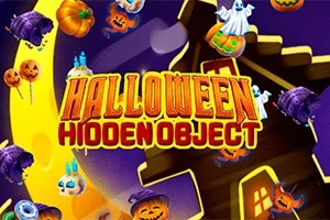 Tecknad Halloween-scen med pumpor, spöken och hattar mot en mörk bakgrund och texten Halloween Hidden Object