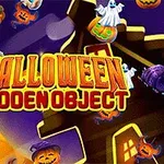 Tecknad Halloween-scen med pumpor, spöken och hattar mot en mörk bakgrund och texten Halloween Hidden Object