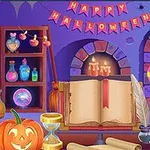 Ett färgglatt Halloween-tema med en öppen bok, olika flaskor, en pumpa och dekorationer