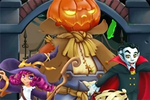 Ett färgglatt Halloween-tema med en pumpa huvud figur, en häxa med lila hår och en vampyr i en kappe framför en järngrind