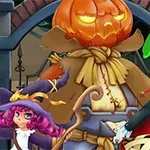 Ett färgglatt Halloween-tema med en pumpa huvud figur, en häxa med lila hår och en vampyr i en kappe framför en järngrind