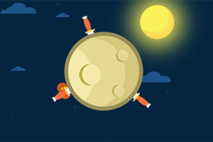 En illustration av en planet med tre knivar instuckna och en astronaut, mot en natthimmel med en gul måne och några moln