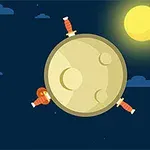 En illustration av en planet med tre knivar instuckna och en astronaut, mot en natthimmel med en gul måne och några moln