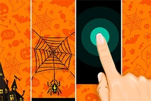 En hand pekar på en cirkel på en halloween-inspirerad bakgrund med spindelnät och spöklika motiv