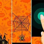 En hand pekar på en cirkel på en halloween-inspirerad bakgrund med spindelnät och spöklika motiv