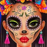 Kvinna med målade ansiktsdrag i en färgglad Día de los Muertos-stil med blommor i håret och rosa örhängen