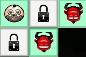 Ett rutnät med tecknade emojis av ett grönt ansikte med munkavle, röda djävulsansikten och hänglåsikoner