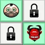 Ett rutnät med tecknade emojis av ett grönt ansikte med munkavle, röda djävulsansikten och hänglåsikoner