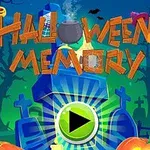 Halloween-tema med gravstenar, pumpor, en kittel och ett spelknapp i mitten