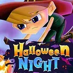 Tecknad figur i en häxhatt som flyger på en kvast över en pumpa med natthimmel i bakgrunden, med texten Halloween Night i förgrunden