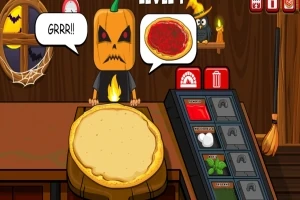 En seriefigur med pumpa som huvud står vid en pizzastation med ingredienser i ett halloween-tema rum