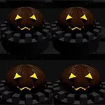 Sex glödande Jack-o-lanterns med triangulära ögon och olika ansiktsuttryck på mörka plattformar