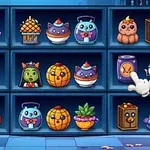 Hylla fylld med färgglada halloweenfigurer och dekorationer, inklusive pumpor, skelett och djur i burkar