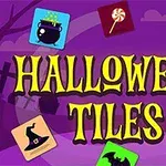 Färgglada Halloween-symboler som kittel, spöke, häxhatt och pumpa på en lila bakgrund med texten HALLOWEEN TILES