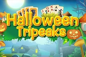 Texten Halloween Tripeaks i ljusa bokstäver med spelkort och Halloween-teman som pumpor och svampar i bakgrunden