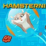 En glad hamster inuti en genomskinlig boll med blå bakgrund och flera hjärnikoner runtomkring