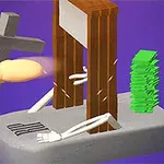 En illustration av en gillotinscen med träkors, en stapel av gröna plattor och en lång arm på lila bakgrund