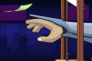 En tecknad bild av en hand i en giljotin som sträcker sig mot en flygande sedel