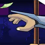 En tecknad bild av en hand i en giljotin som sträcker sig mot en flygande sedel