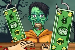 En tecknad zombieliknande figur med grönt ansikte och oranga kläder samt stora sedlar med krokar hänger i förgrunden