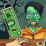 En tecknad zombieliknande figur med grönt ansikte och oranga kläder samt stora sedlar med krokar hänger i förgrunden