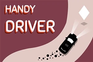 Svart bil svänger på en kurvig väg med strålkastarljus och texten Handy Driver i bakgrunden