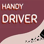 Svart bil svänger på en kurvig väg med strålkastarljus och texten Handy Driver i bakgrunden