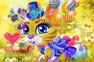 Kanin i färgglad klänning med hatt, omgiven av dekorerade ägg och hjärtformade ballonger i en blomsteräng