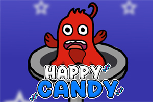 Röd tecknad figur med stora ögon i en tratt och färgglad text Happy Candy mot blå bakgrund med stjärnor