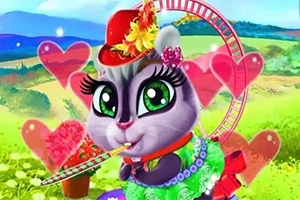 Kattfigur med stora gröna ögon, klädd i en färgglad outfit med röda hjärtan i bakgrunden