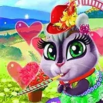 Kattfigur med stora gröna ögon, klädd i en färgglad outfit med röda hjärtan i bakgrunden