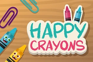 Färgglada, glada kritor och gem runt texten Happy Crayons på en träig bakgrund