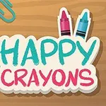Färgglada, glada kritor och gem runt texten Happy Crayons på en träig bakgrund