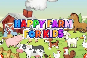 Färgglad tecknad bondgårdsscen med olika djur och texten Happy Farm For Kids