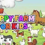Färgglad tecknad bondgårdsscen med olika djur och texten Happy Farm For Kids