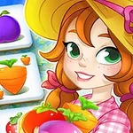 Tecknad flicka i hatt, med stora gröna ögon, håller färgglada frukter och grönsaker framför spelbrickor med bilder av morötter och plommon