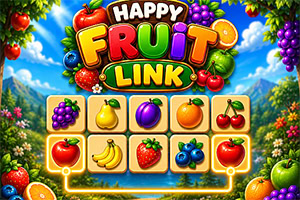 Färgglad spelbild med texten Happy Fruit Link, fruktsymboler och ett rutnät med matchande frukter mot en solig trädgårdsbakgrund