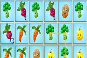 Grönsaker med ansikten i ett rutnät på blå bakgrund, inklusive broccoli, rödbetor, potatis, morötter och pumpor