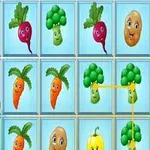 Grönsaker med ansikten i ett rutnät på blå bakgrund, inklusive broccoli, rödbetor, potatis, morötter och pumpor