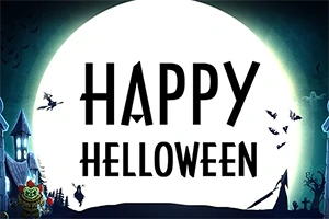 Stor fullmåne med texten Happy Helloween, silhuetter av hus, träd och fåglar i förgrunden